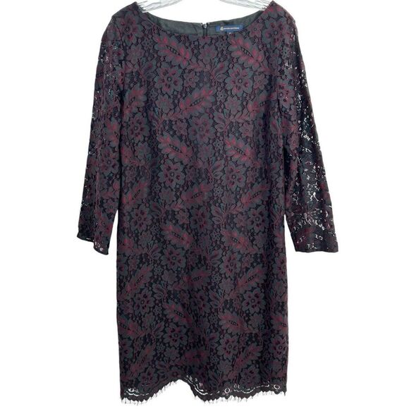 Brooks Brothers Maroon Green Lace Overlay Long Sleeve Lined Dress Size 12 - Picture 1 of 16